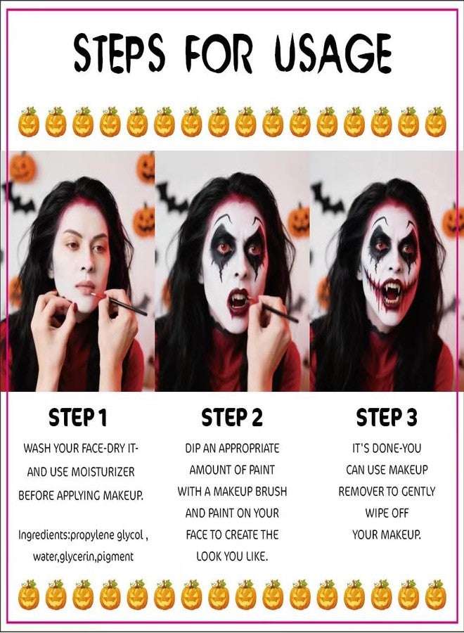 Ausbond 3 Color water-based Face Body Paint Set （Black + White + Red )with Brushes Kits Non-Toxic Easy Washable ,for Adults Halloweens Partys Cosplays Joker Zombie Vampire SFX Art Stage Makeup Adults - Image 3